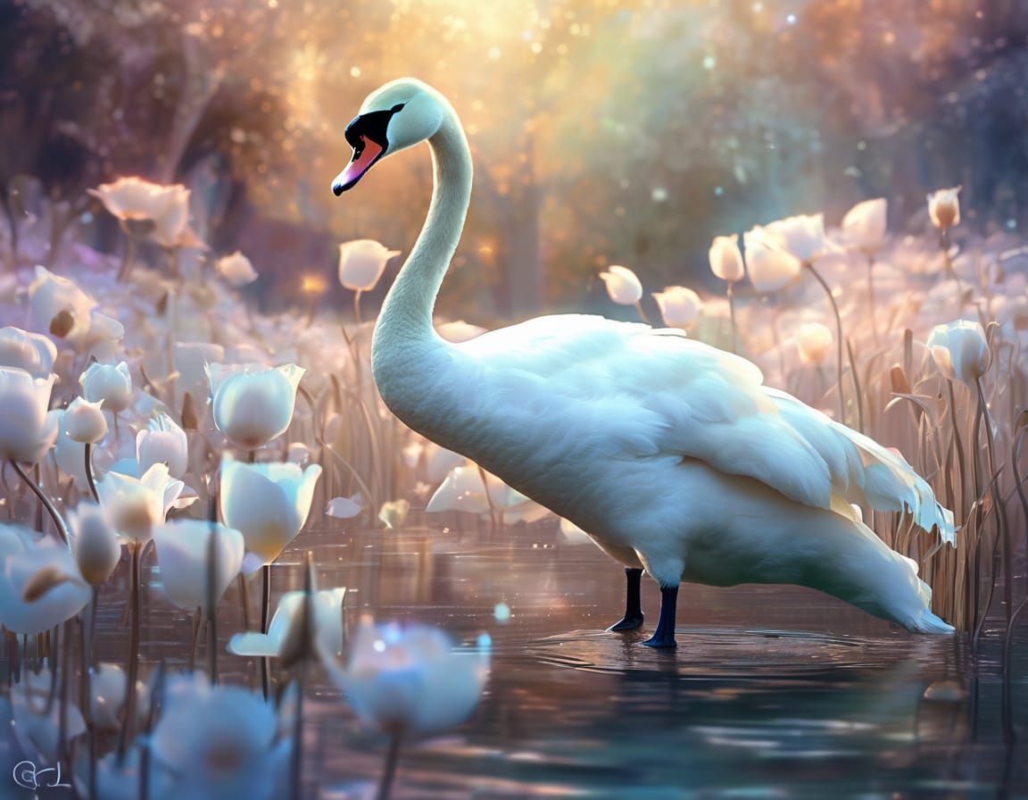 Ethereal Swan with Bioluminescent Flowers: Surreal Digital A...