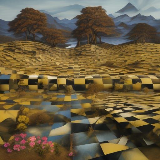 Gingham Surrealism: Dreamlike Landscape in Oil Paint Style
