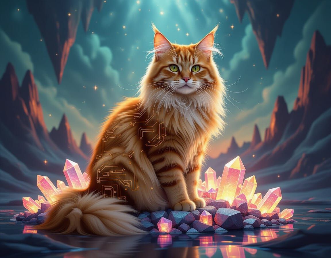 Teslapunk Cat on Fractal Crystals