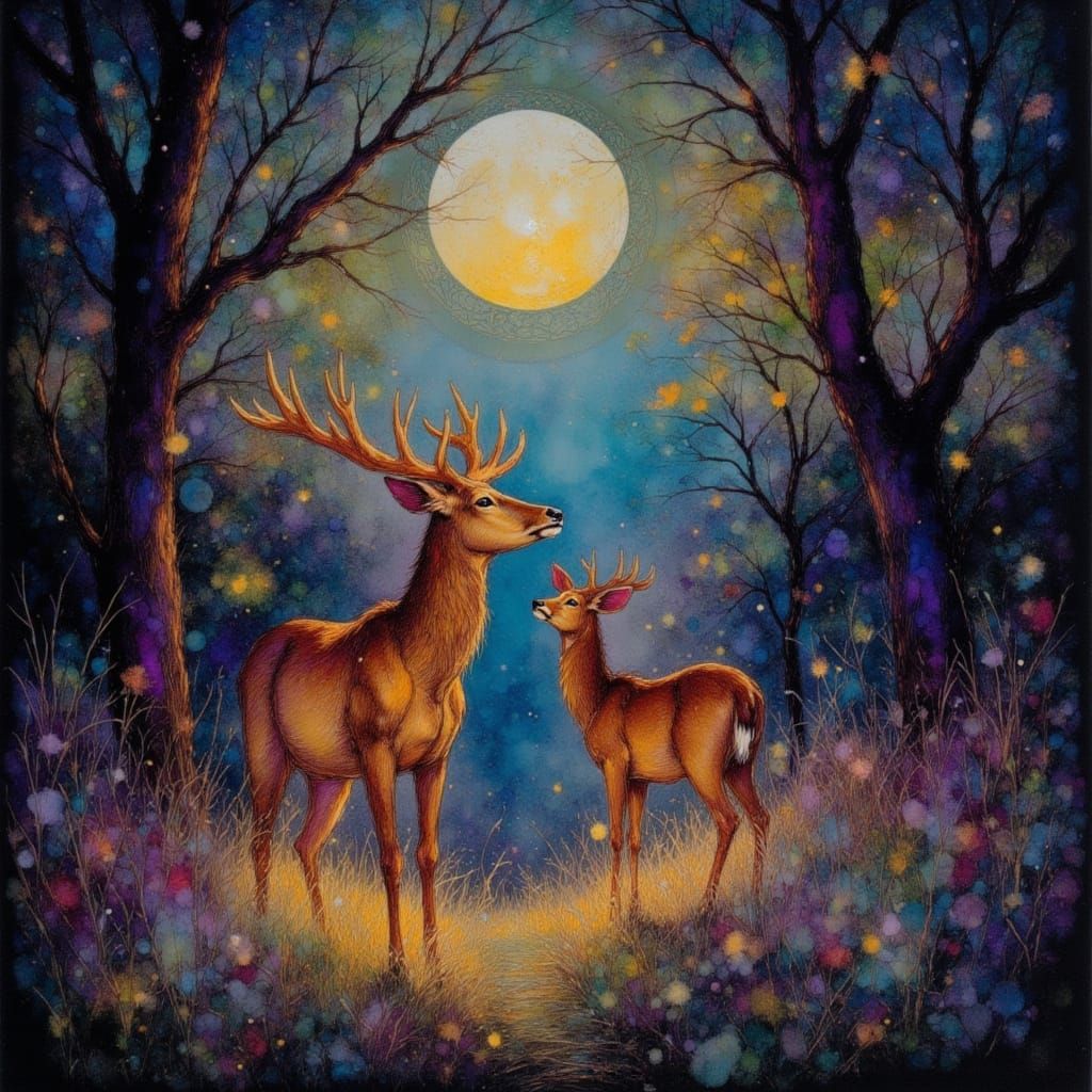 Ethereal Deer Couple in Forest Glade: Alcohol Ink Sketch