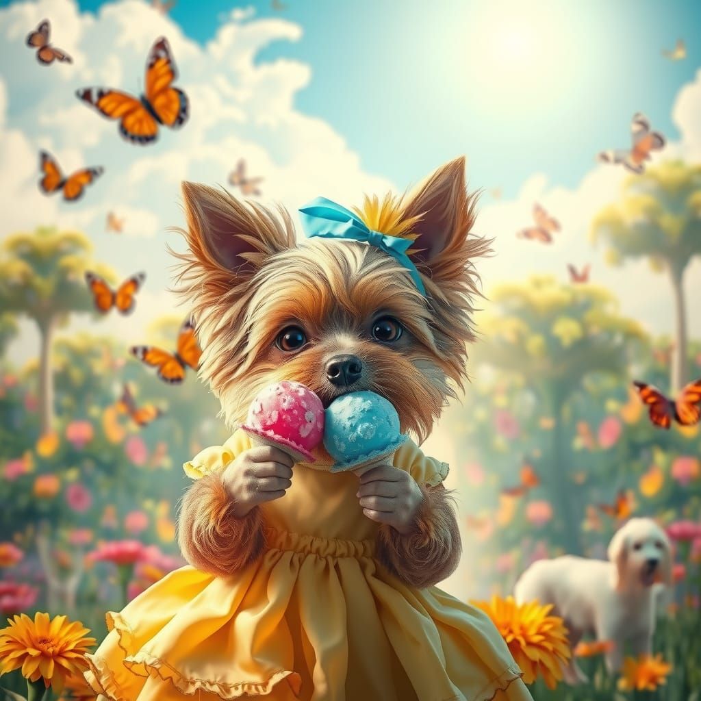 Yorkie in Summer Dress Enjoys Snow Cones