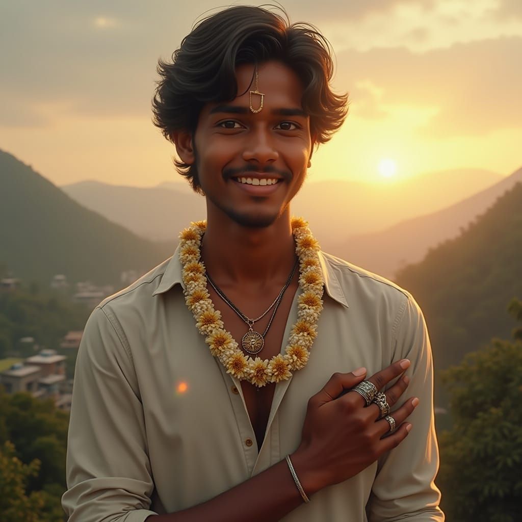 Tamil Gentleman Amidst Misty Hills and Golden Cityscape