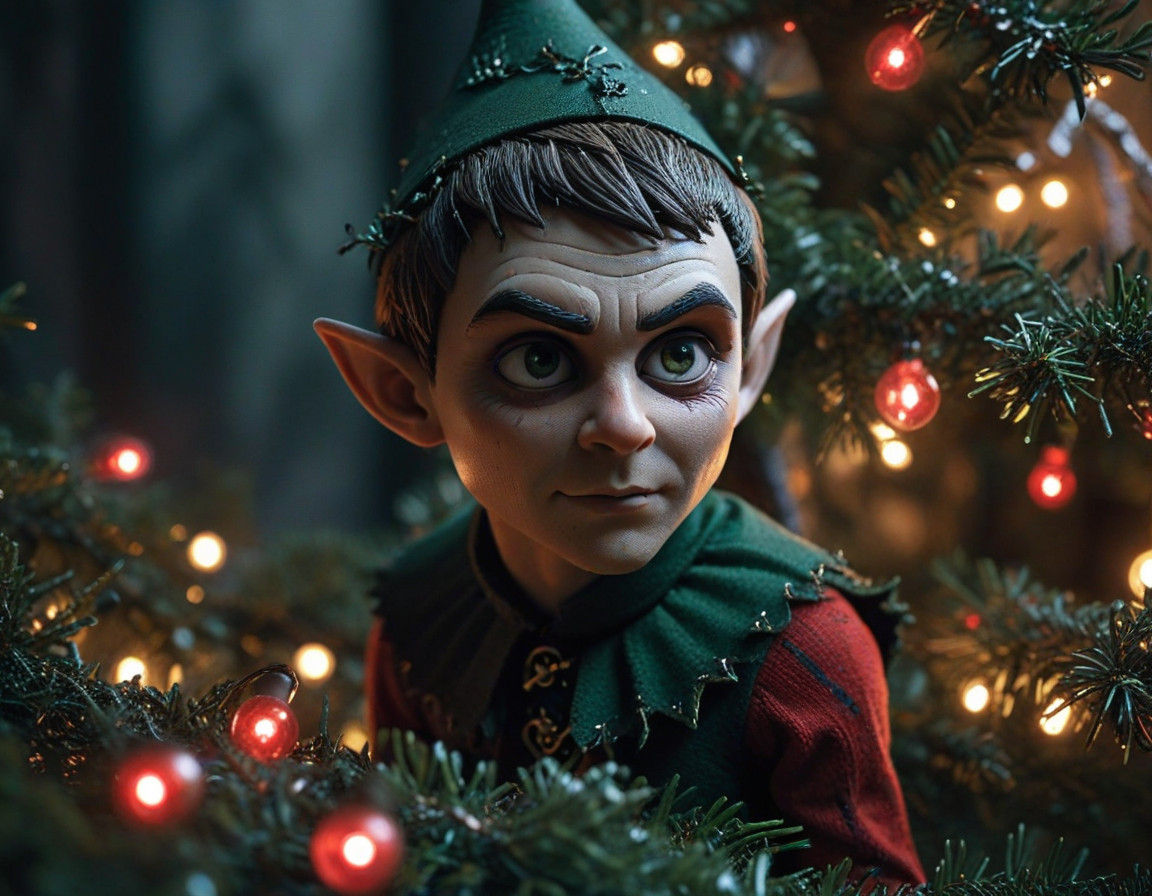 Ethereal Portrait of a Sinister Elf on a Christmas Tree