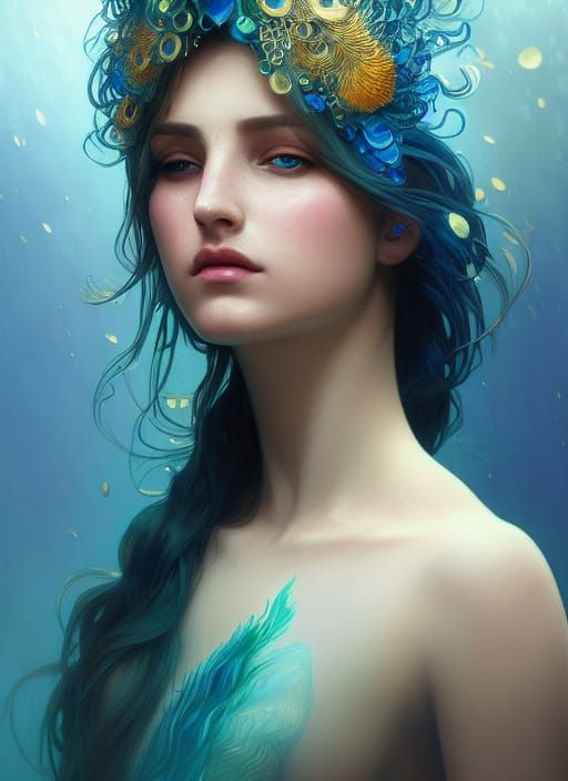 Water Peacock Portrait in Art Nouveau Style