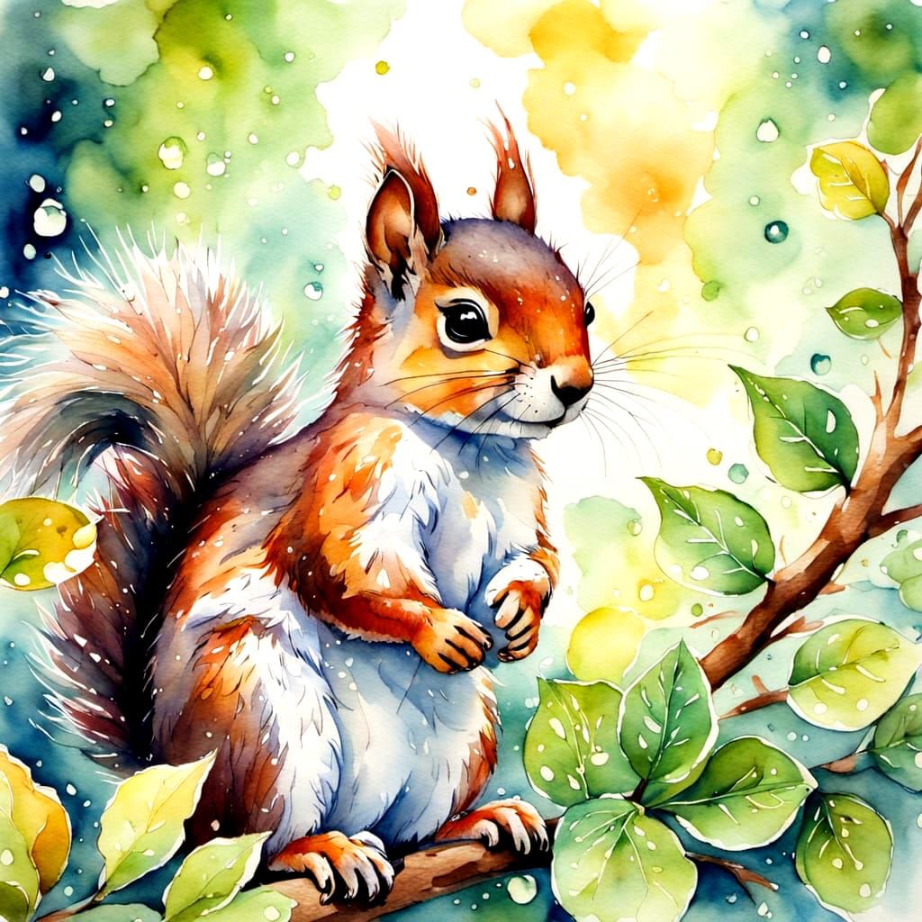 Whimsical Squirrel Mischief in Watercolour Foliage