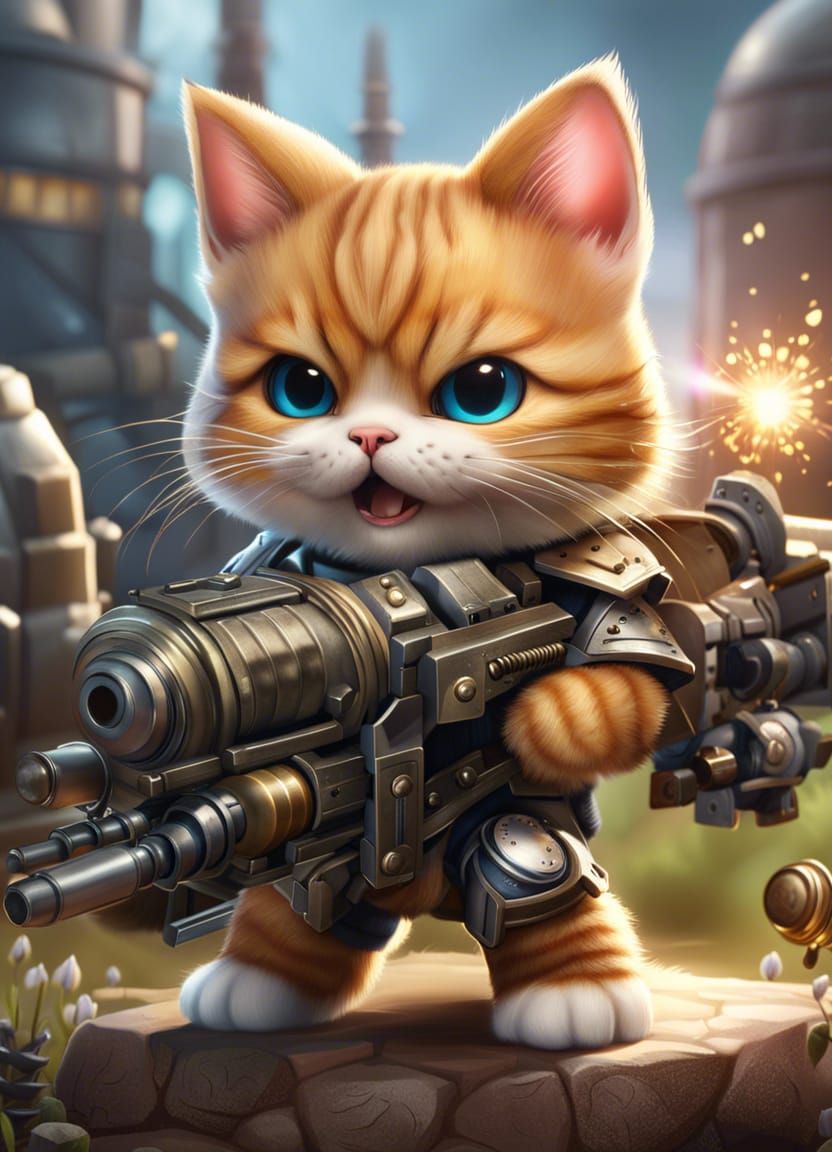 Armored Chibi Cat Gatling Gun Battle, Digital Art