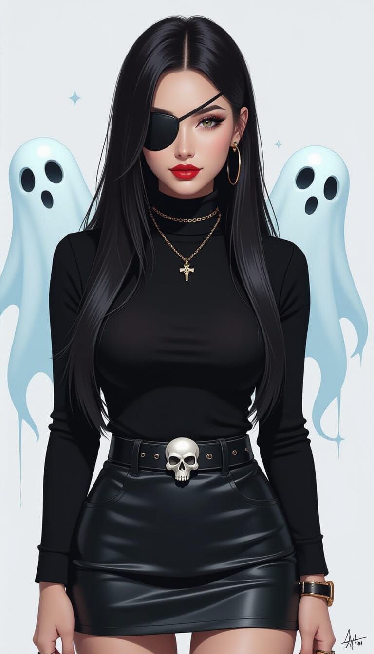 Gothic Woman with Ghosts: Hyperrealistic Splash Art