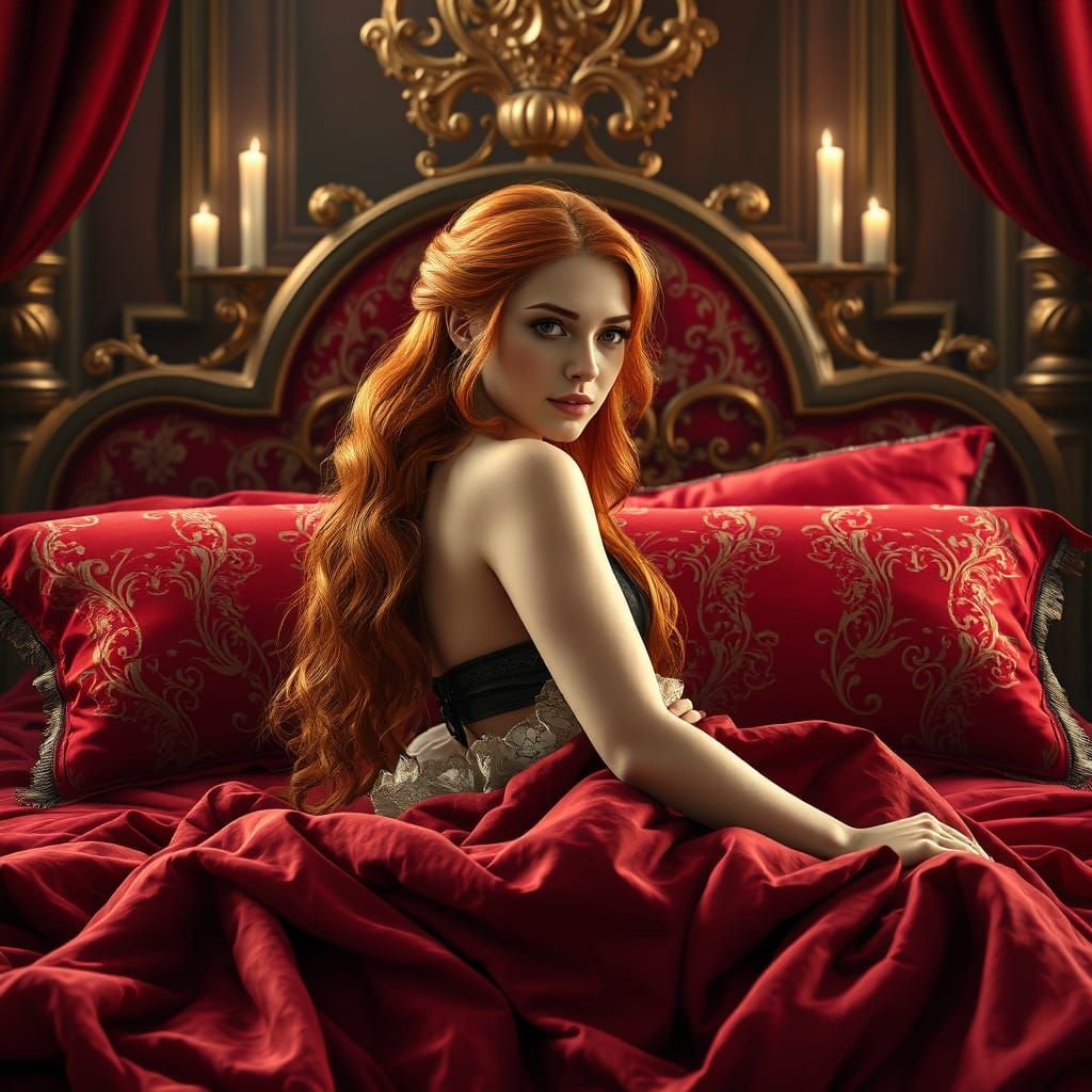 Seductive Medieval Lady in Crimson Bed