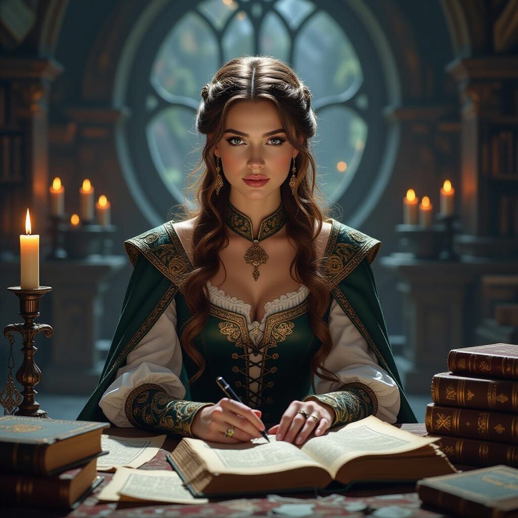 Medieval Woman Envisioning Fantasy Worlds in Alan Lee Style