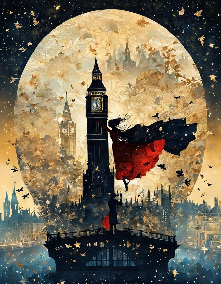 Surreal London Bridge Silhouette: Anime Art Style