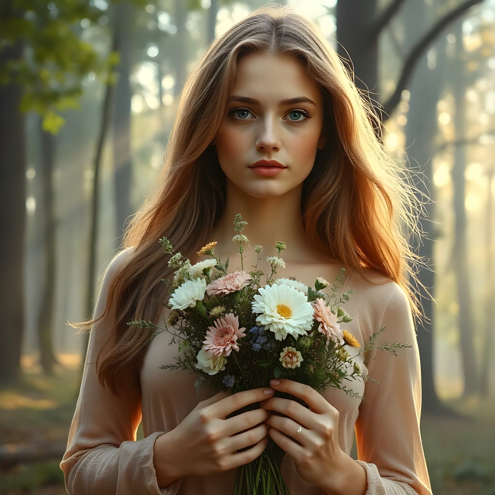 Woman with Flowers in Waterhouse-inspired Style