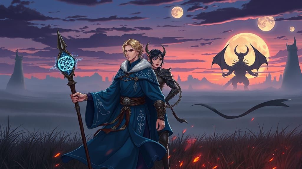 Sorcerer in Azure Robes with Elven Companion Amidst Magical ...