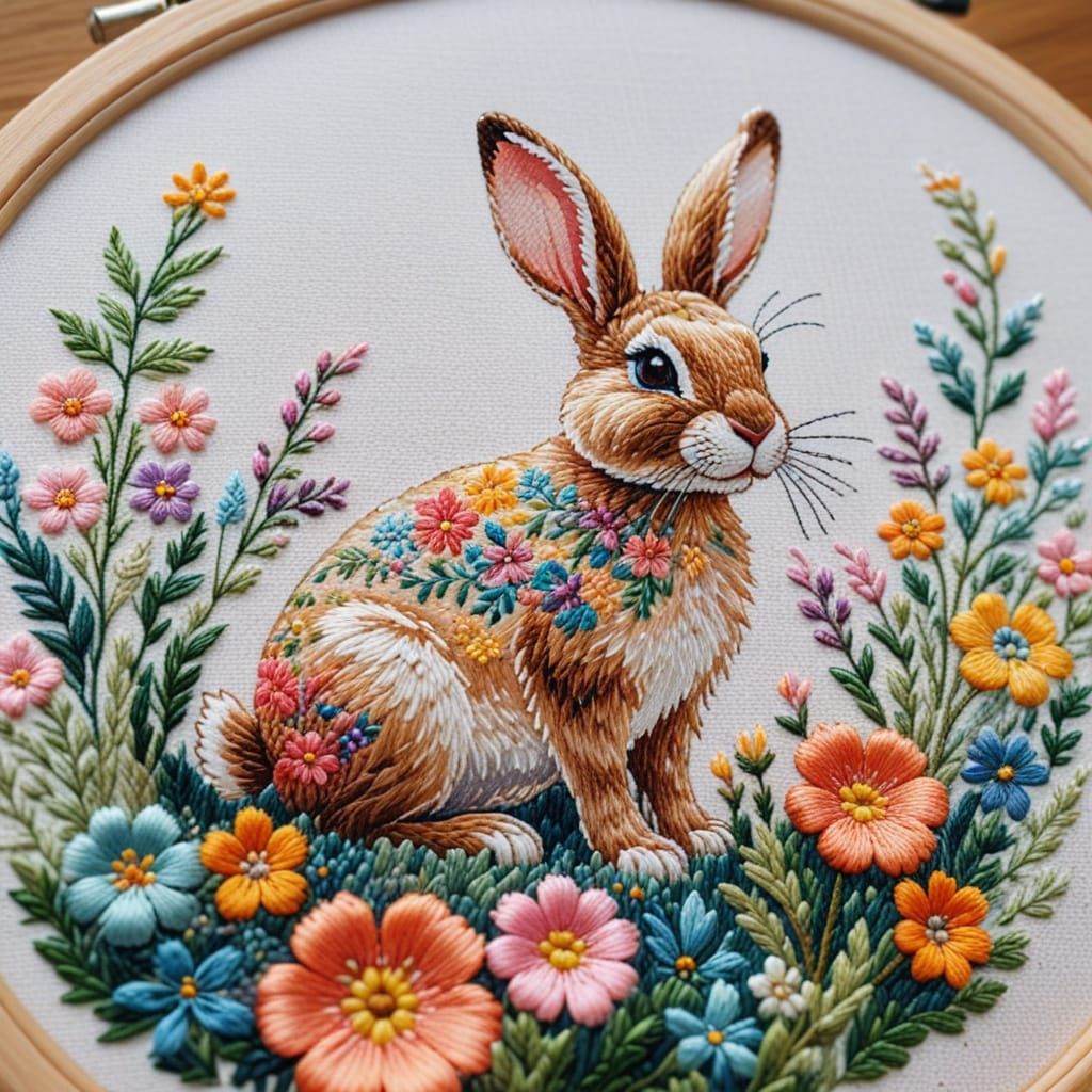 Charming Rabbit in Spring Flowers Cross Stitch Art