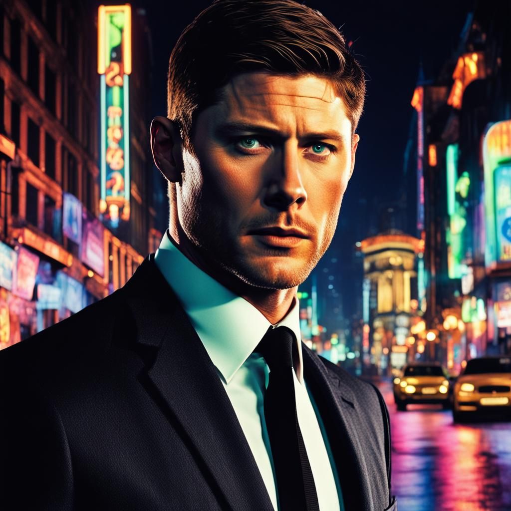 Man in Black Suit with Neon City Lights