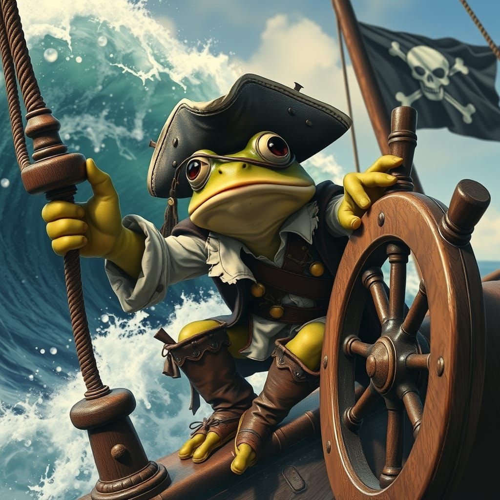 Frog Pirate Captain Amidst Crashing Wave