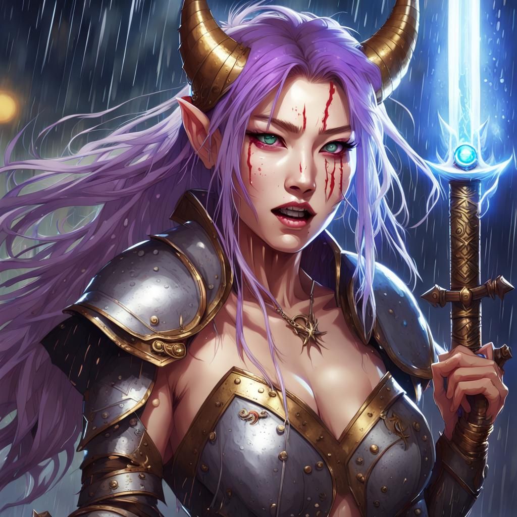 Fierce Horned Warrior Battles in Burning City