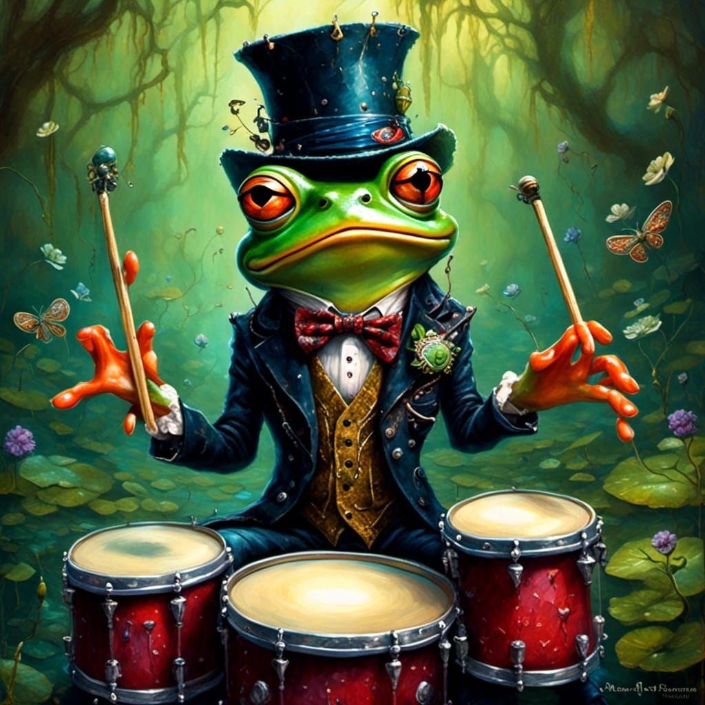 Punk Frog Drummer in Whimsical Style