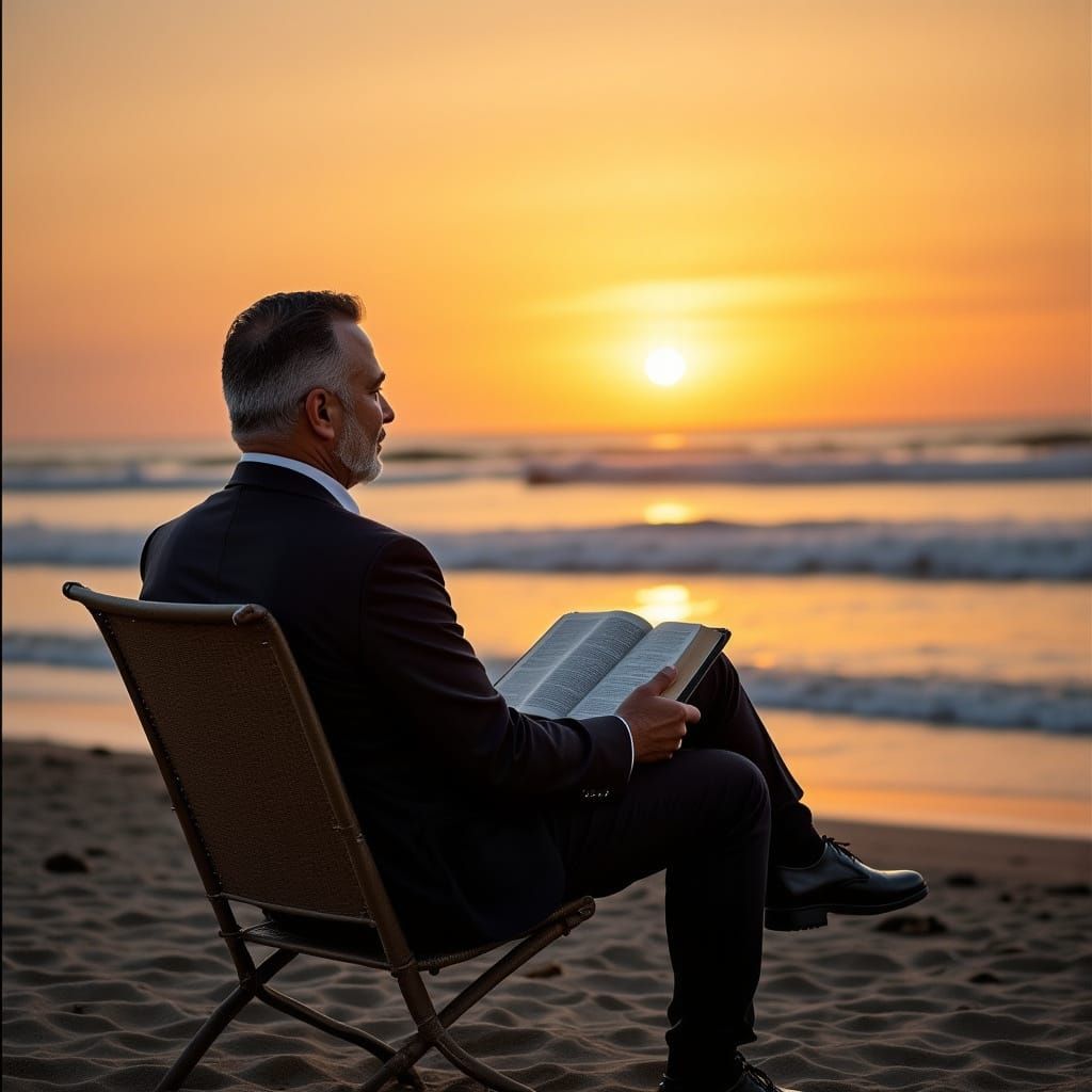 Man in Suit Reading Bible on Beach at Sunset