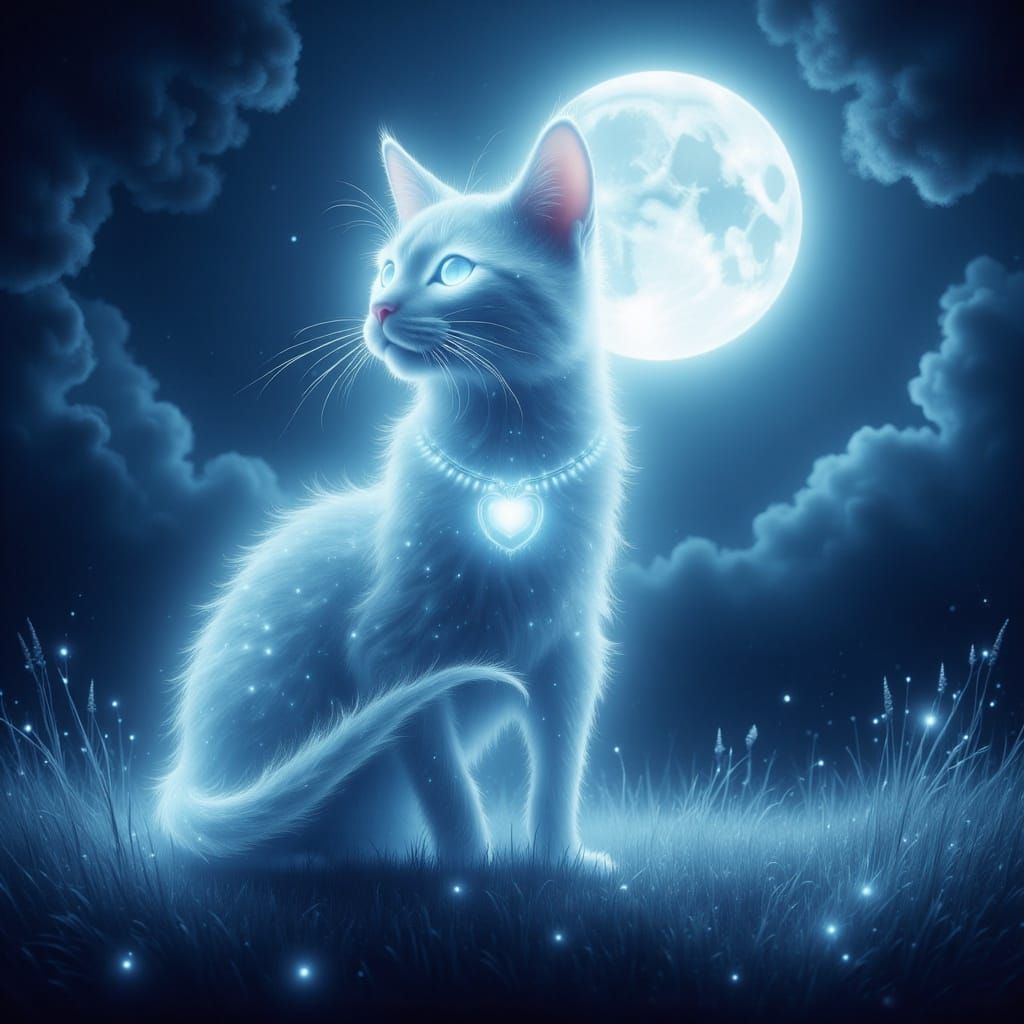 Luminescent Ghost Cat Under the Moon