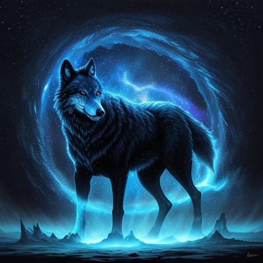 Cosmic Wolf Guardian: A Surreal Oil Painting