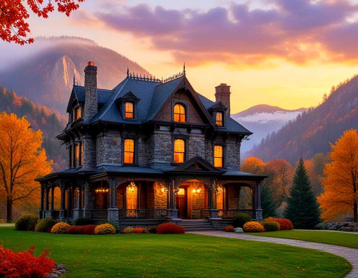 Victorian Home in Autumn Mountain Landscape