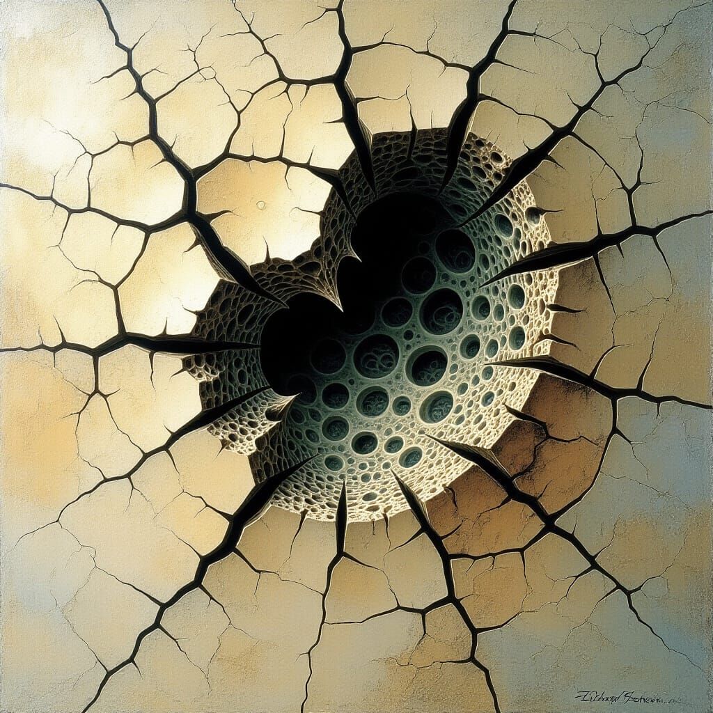 Uneasy Fragmented Forms Emerging from Skin in Dark Art Style