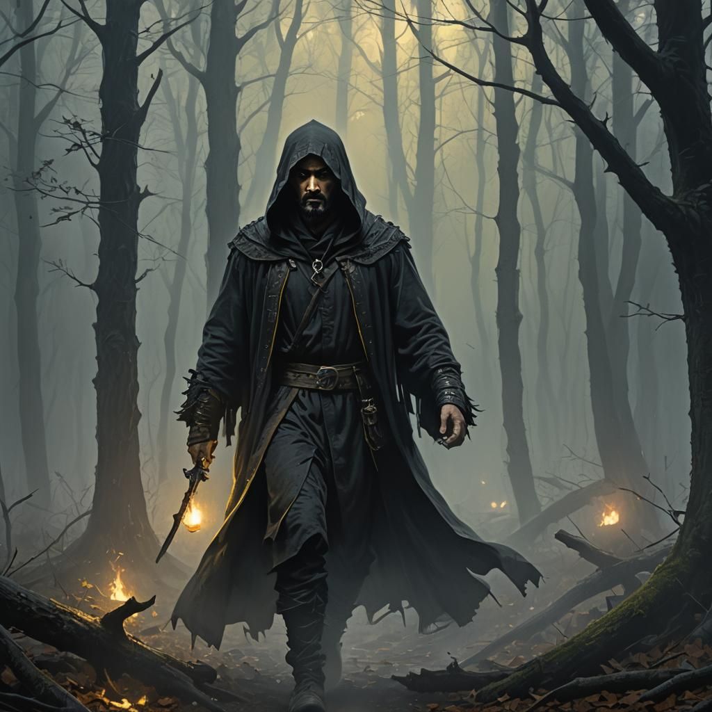 Mysterious Figure in Misty Woods: Dark Fantasy Art