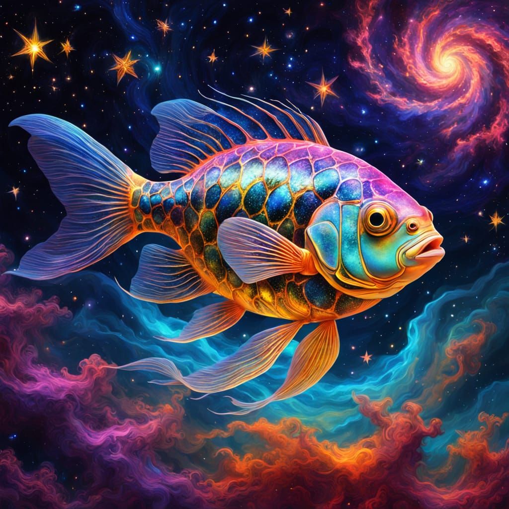 Surrealistic Cosmic Fish in Vibrant Nebula