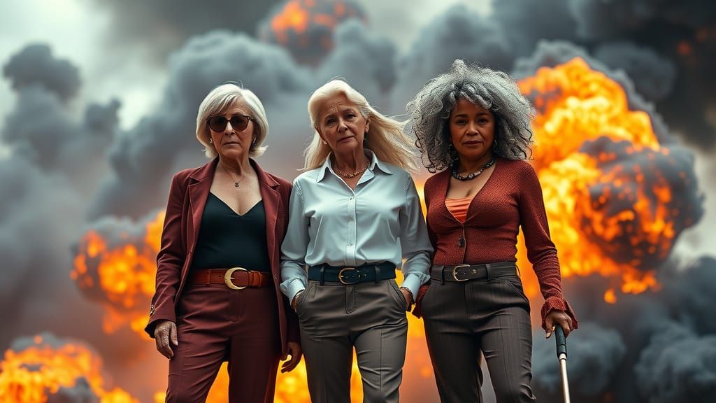 Three Elderly Women Pose as 'Charlie's Angels' in a Fiery, C...