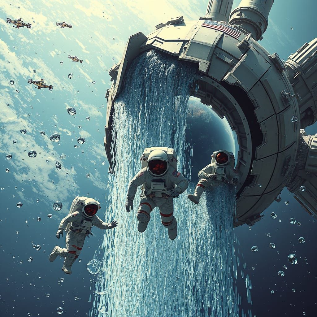 Waterfall in Space: Astronauts Adrift in Sci-Fi Ruin