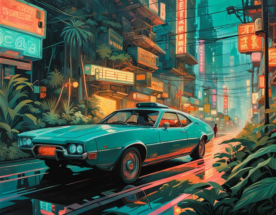 Tropical Cyberpunk Kingdom in Gouache Style