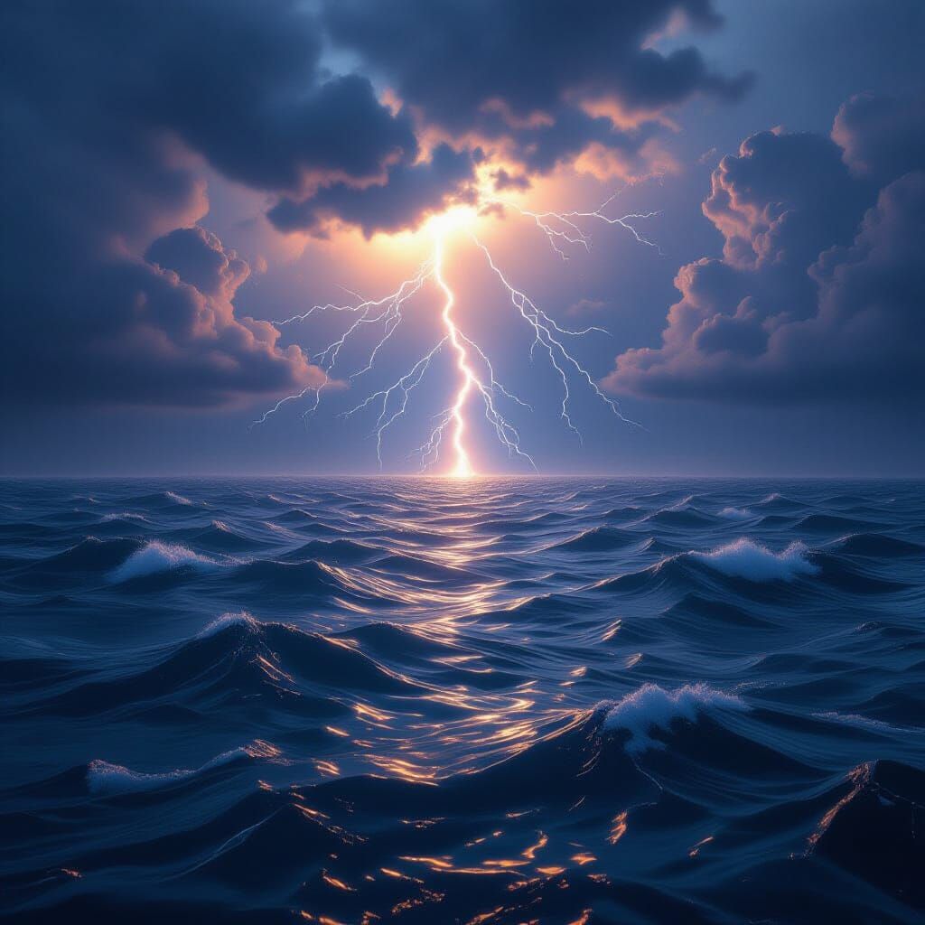 Turbulent Sea Illuminated by Lightning Strikes
