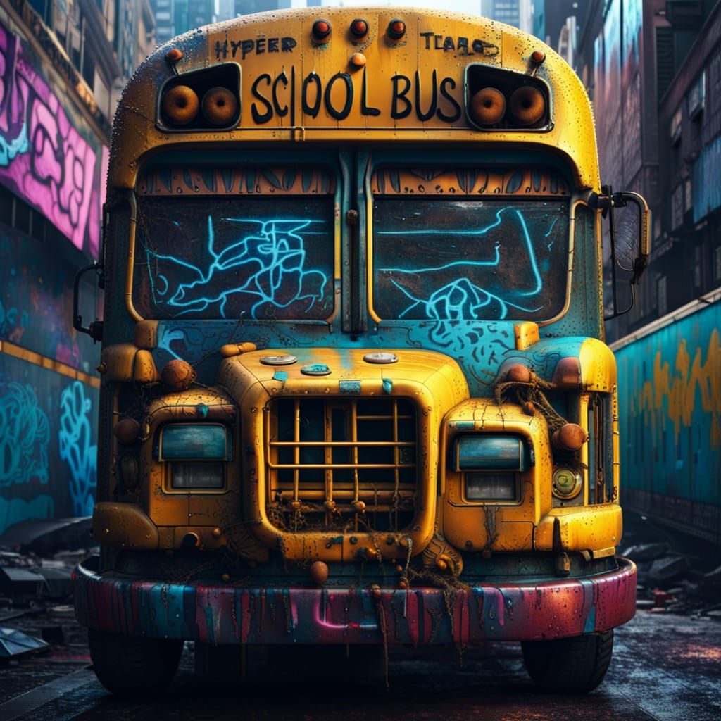 Cyberpunk School Bus in Dystopian Cityscape