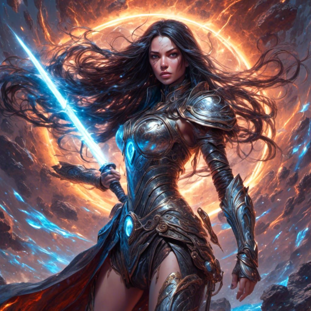 Futuristic Female Warrior with Lightsaber in Astral Style