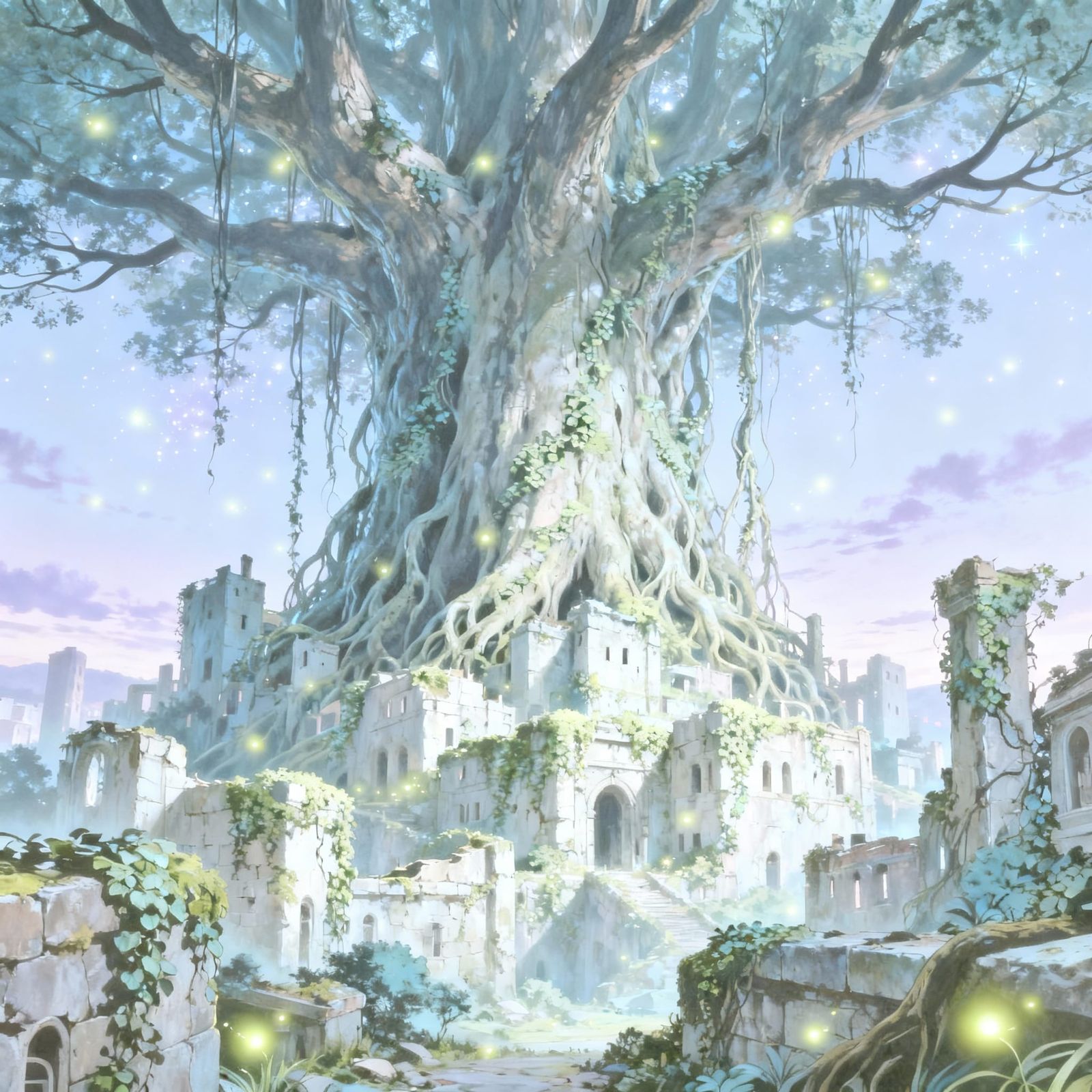 Ancient Tree Overgrown City in Twilight Fantasy Art