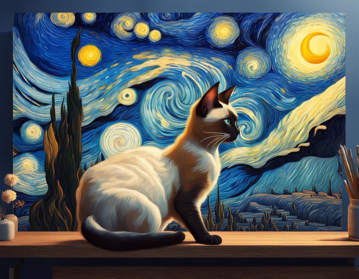 Siamese Cat Blends into Starry Night: Artstation Quality