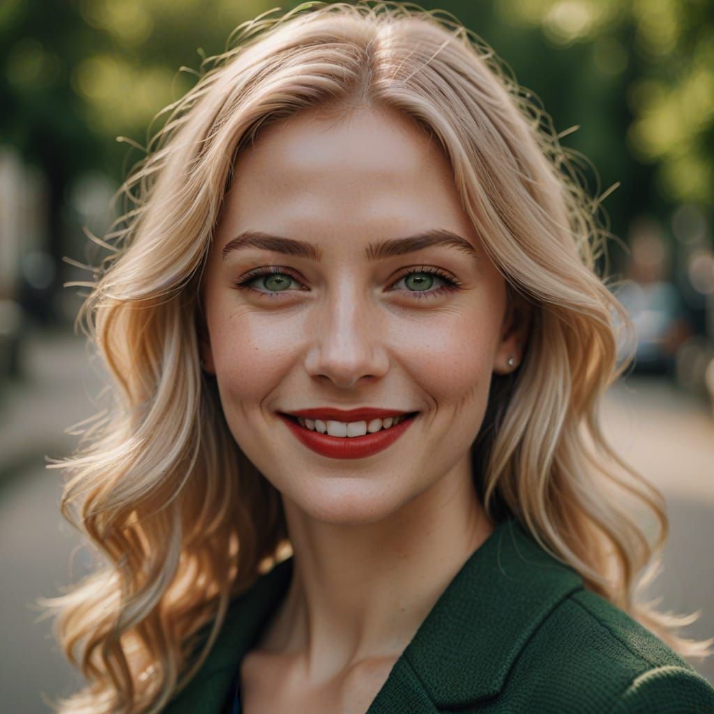 Photorealistic Portrait of a Woman with Blonde Hair and Gree...