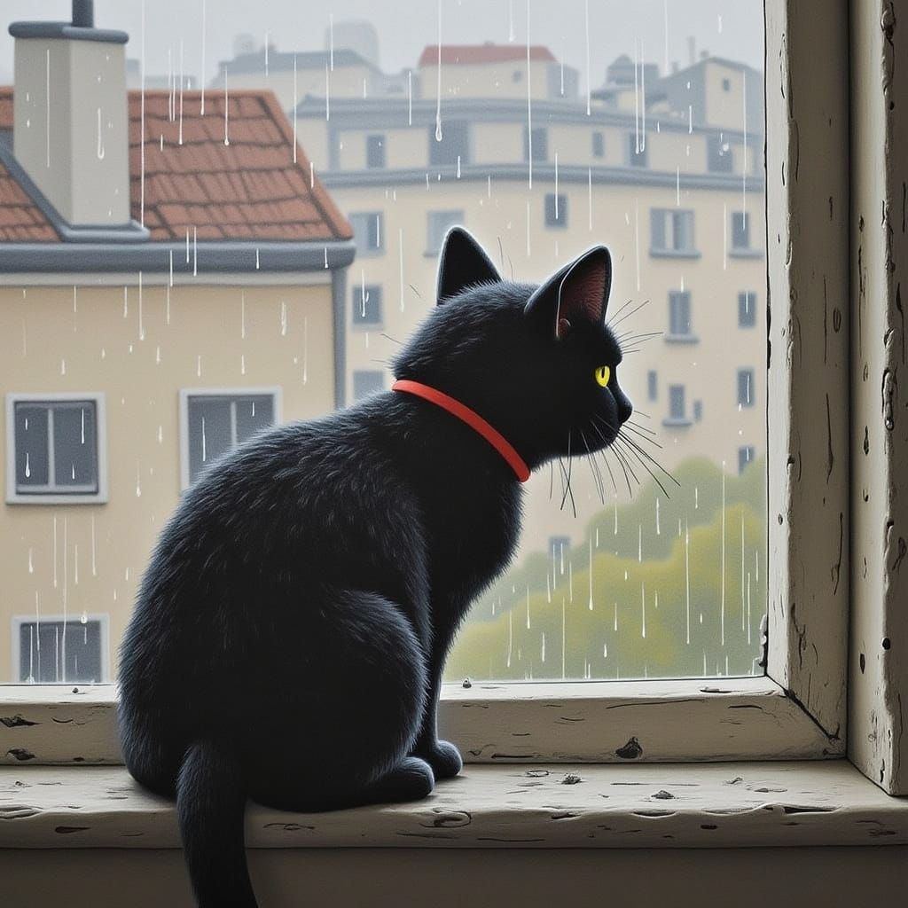 Small Black Cat Contemplates Rainy Cityscape in Moody Painti...
