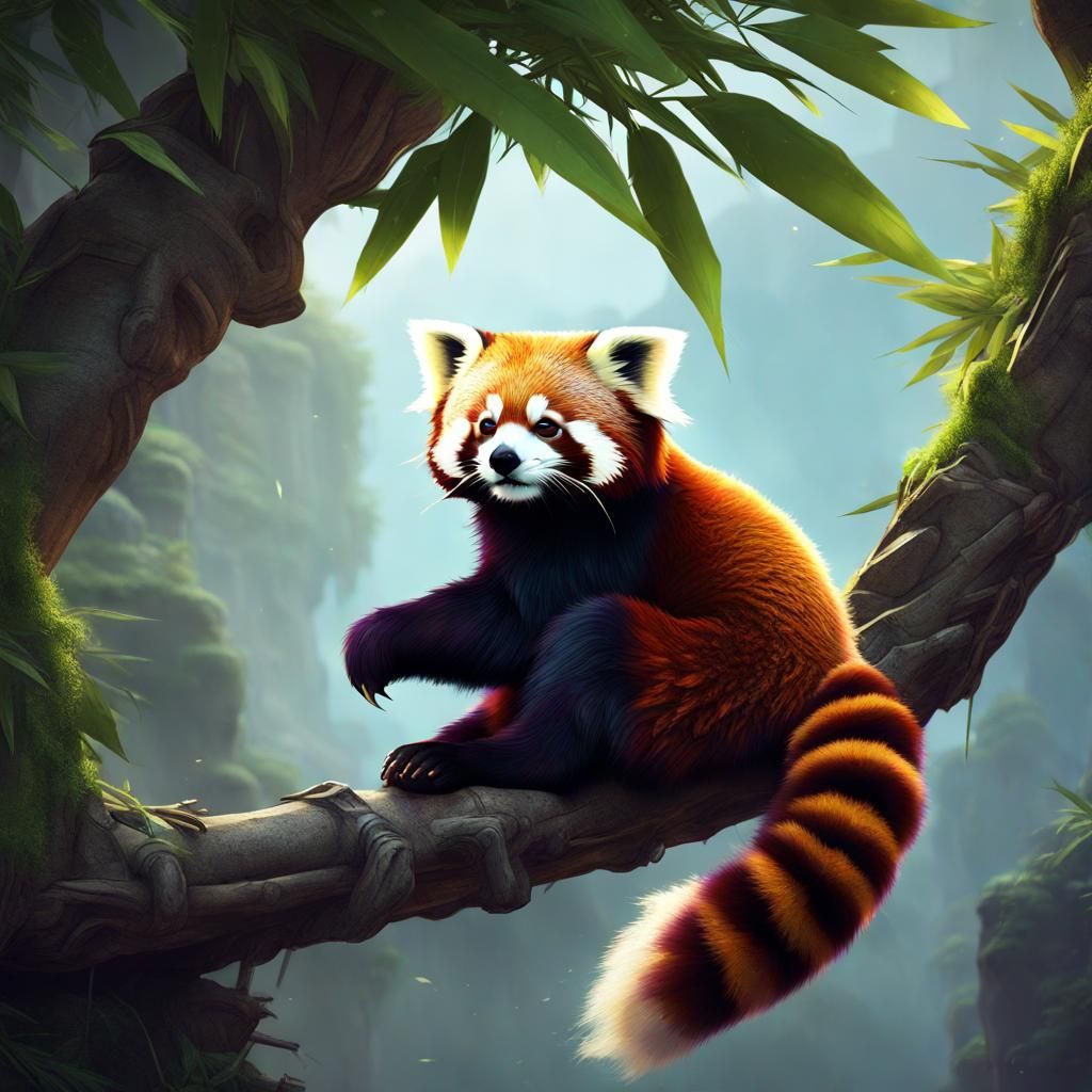 A red panda sitting on a branch and eating bamboo