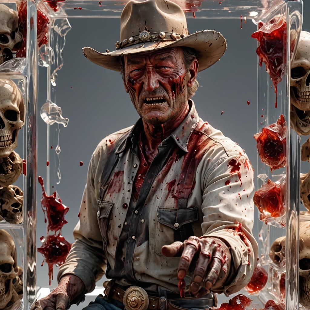 Zombie John Wayne in Crystal Cube: Hyperrealistic Rendering