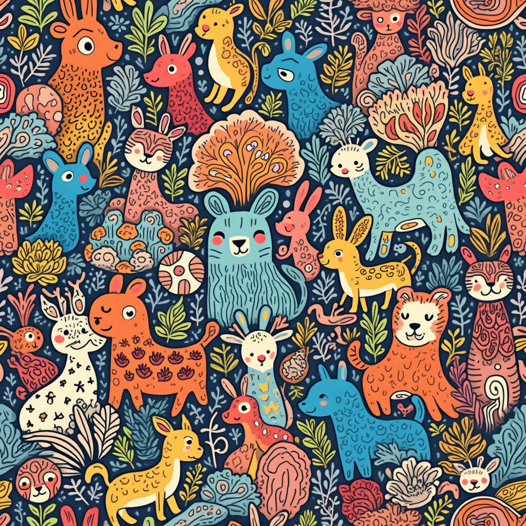 Whimsical Doodle World Wallpaper with Line Art Animals