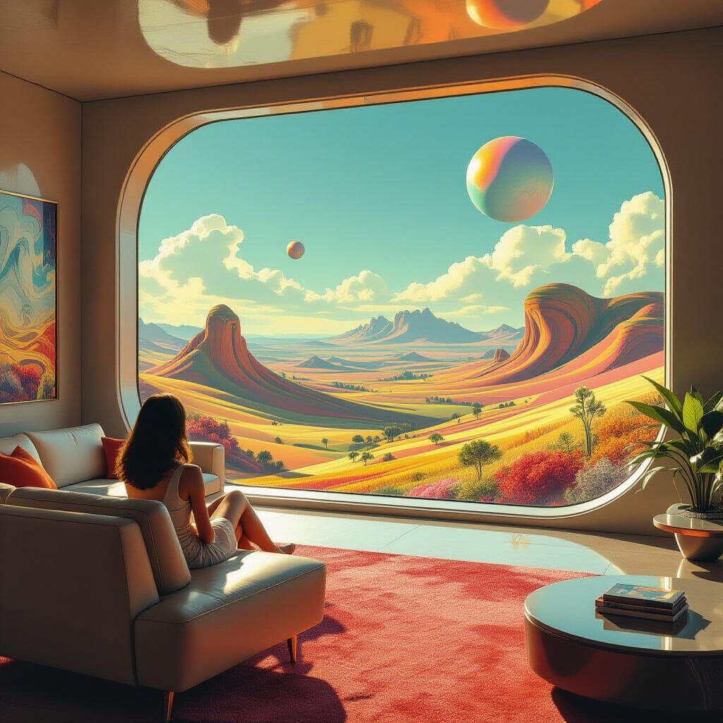 Retro-Futuristic Living Room with Alien View