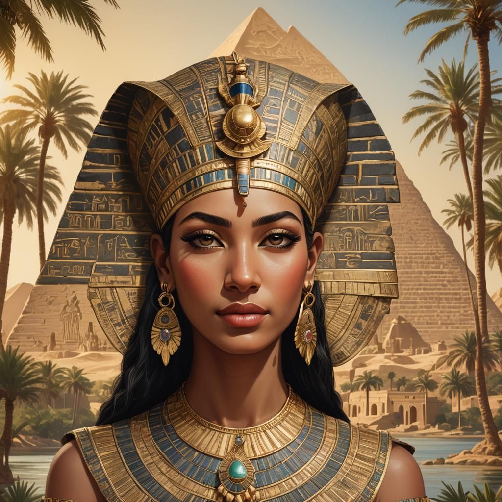 Egyptian Princess Portrait with Pyramids and Nile River