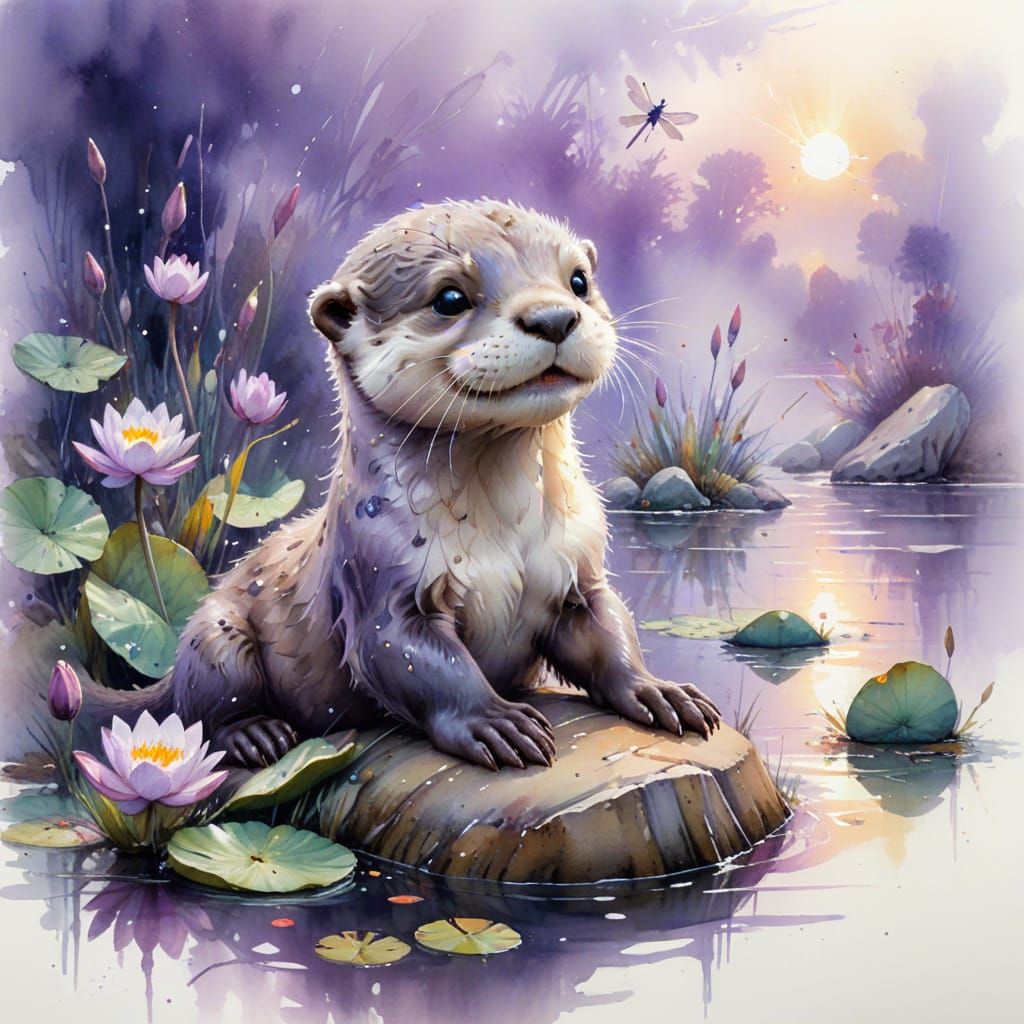 Smiling Otter Pup in Misty Lavender Dawn Watercolour