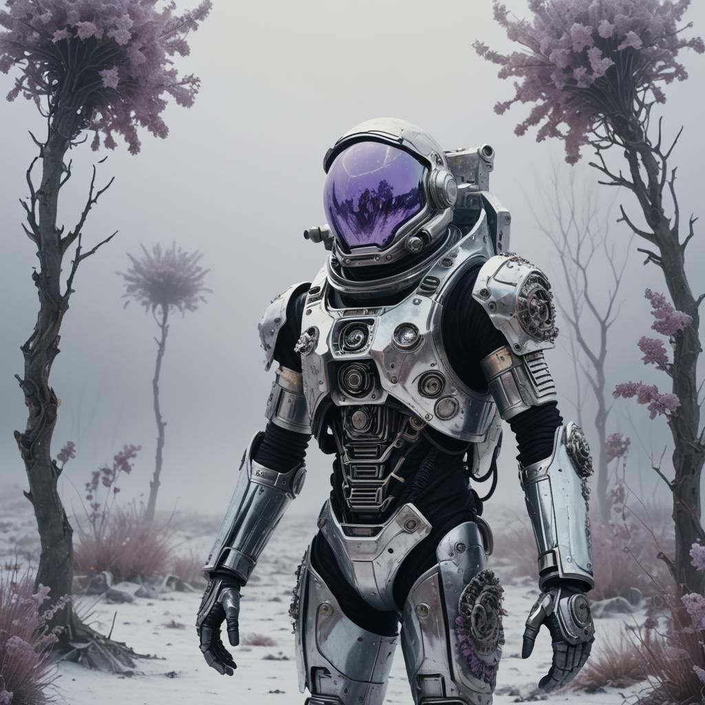 Biomechanical Astronaut in Wasteland with Glass Flowers