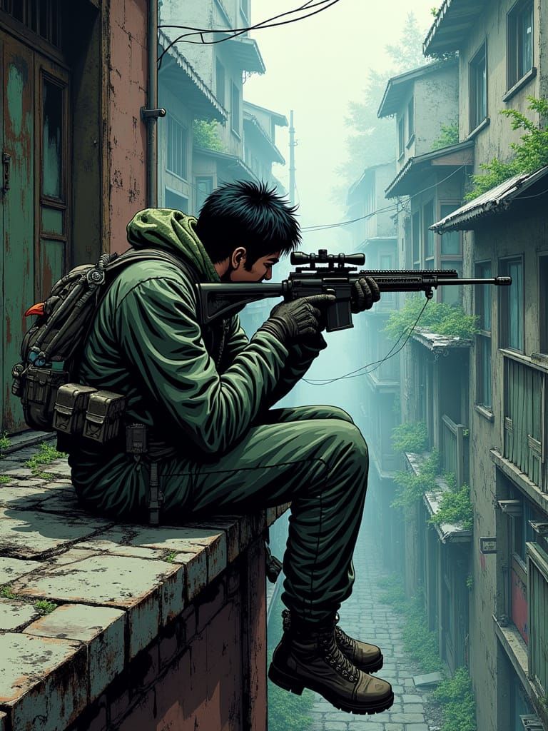 Sniper on Rooftop in Dystopian Manga Style