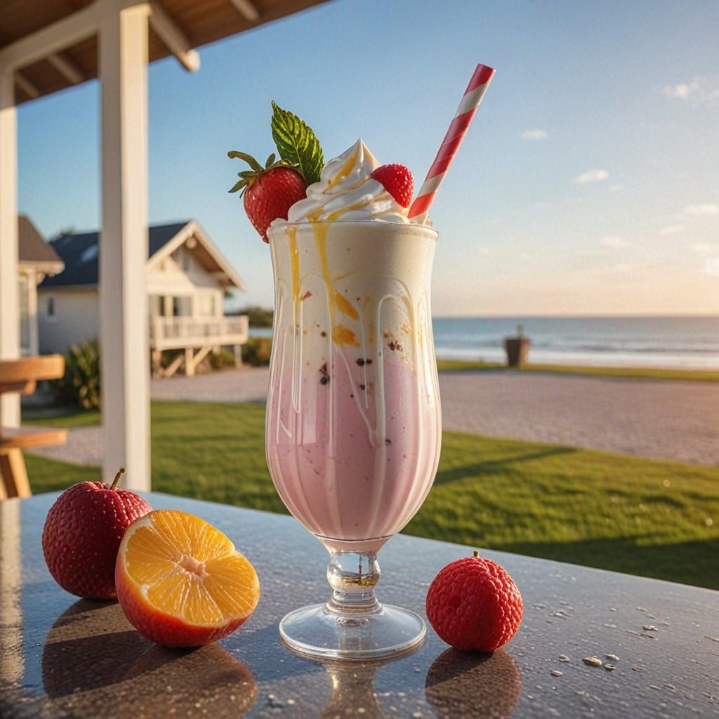 Vibrant Fruity Milkshake in Crystal Glass at Golden Hour
