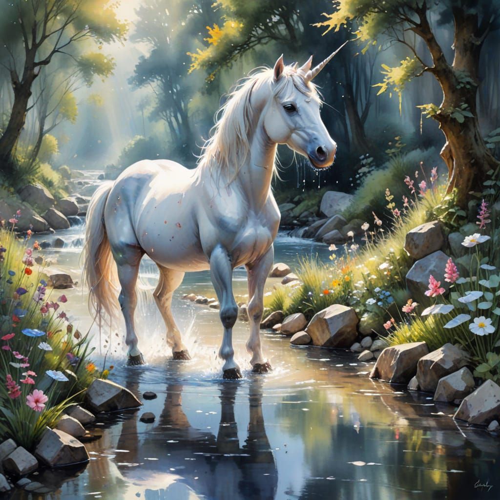 Unicorn Drinking from Stream in Watercolour Style