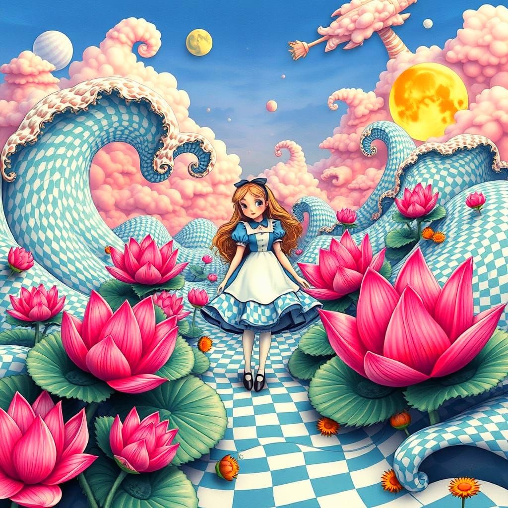 Gingham Print with Alice in Wonder land
