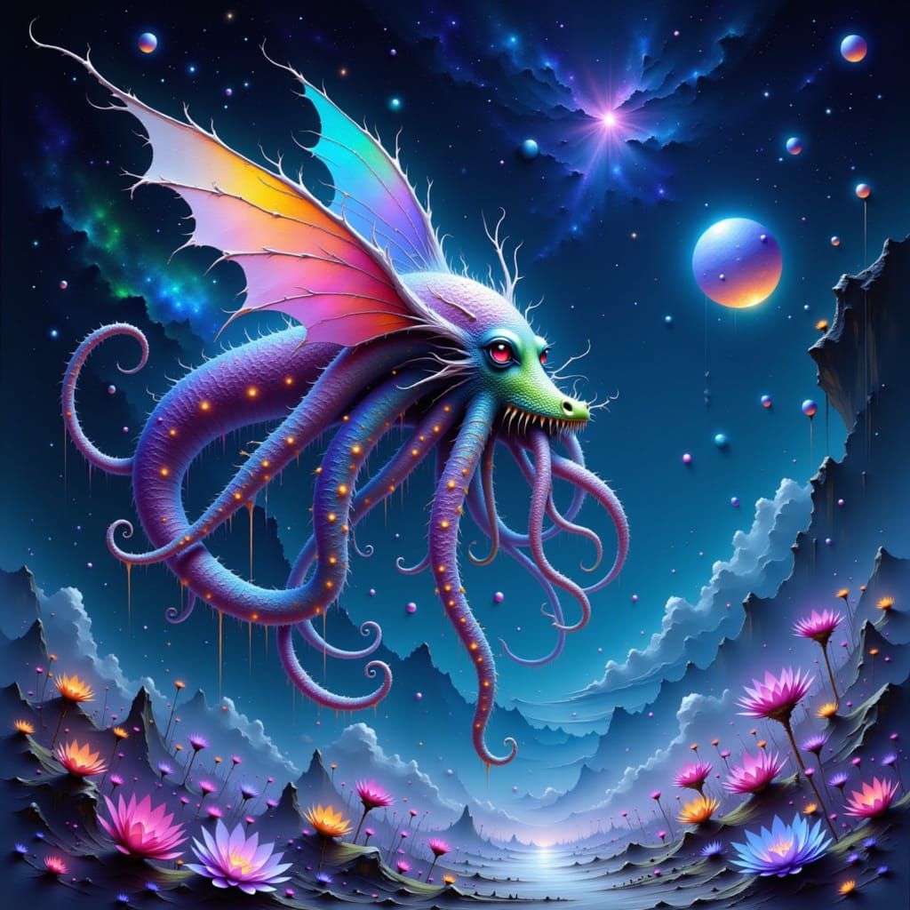 Ethereal Octopi-Dragon Hybrid in Starry Sky